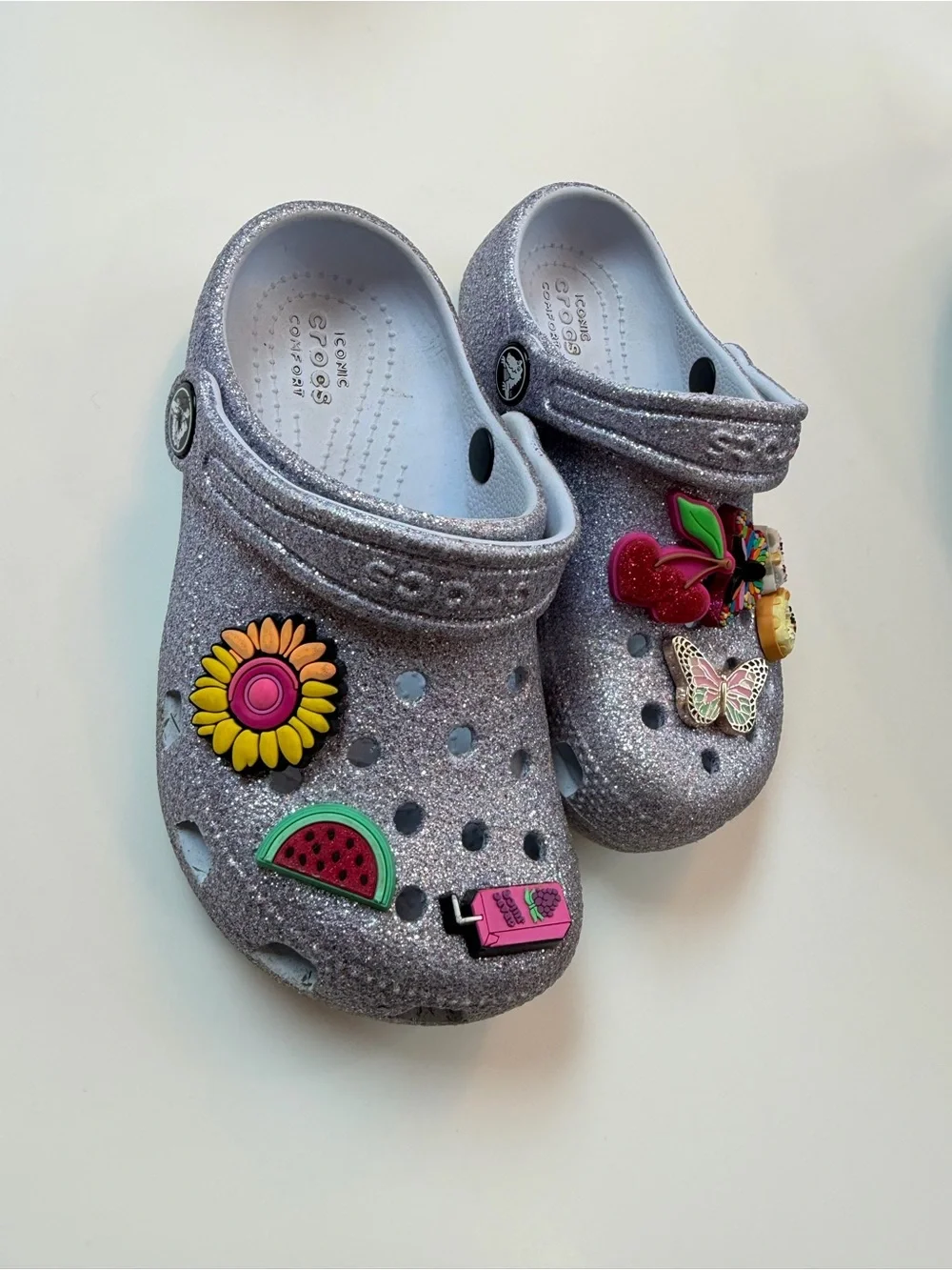 CROCS Kids Silver Glitter Clogs with Colorful Charms